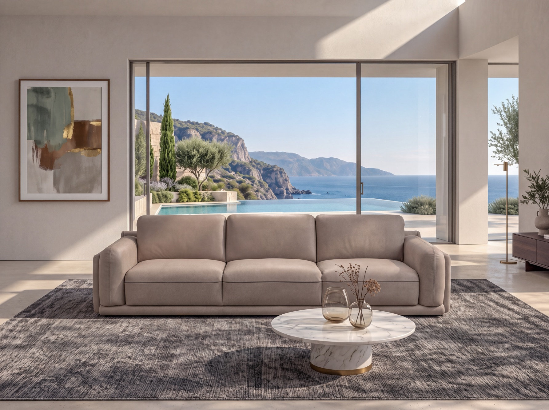 Divano ELBA Rossini Sofas in soggiorno con vetrata panoramica e vista sul mare